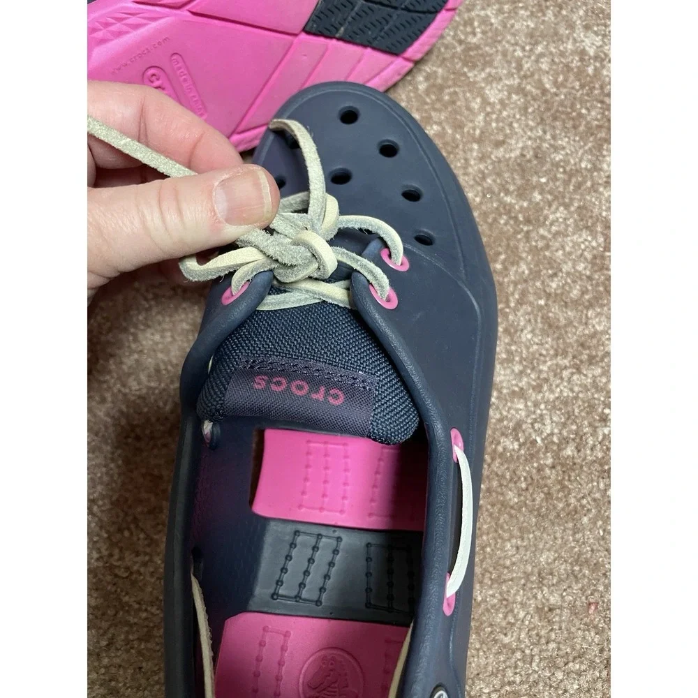 Crocs Kid Girls Shoes Beach Line Boat Shoes J4 (BIG Kid) Lace Up‎ Blue Pink Tie